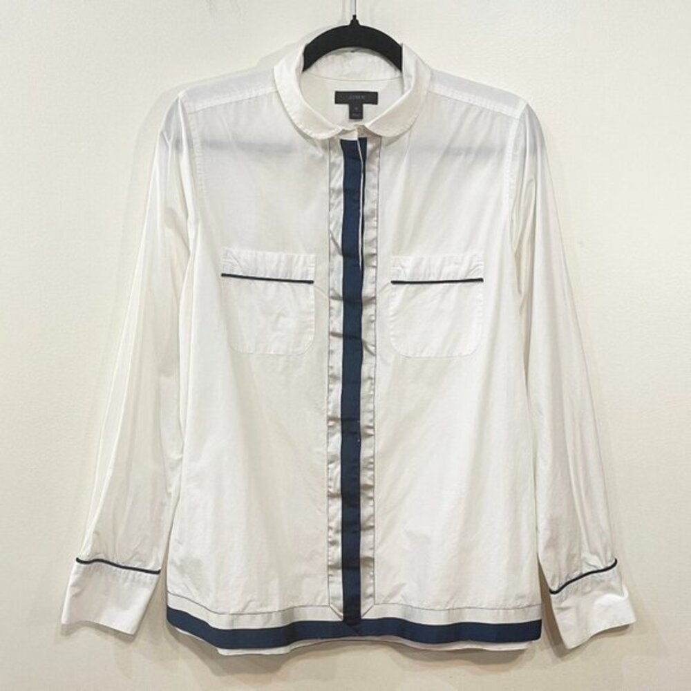 EUC J.Crew 100% Cotton Grosgrain Trim Shirt Navy White 10, M